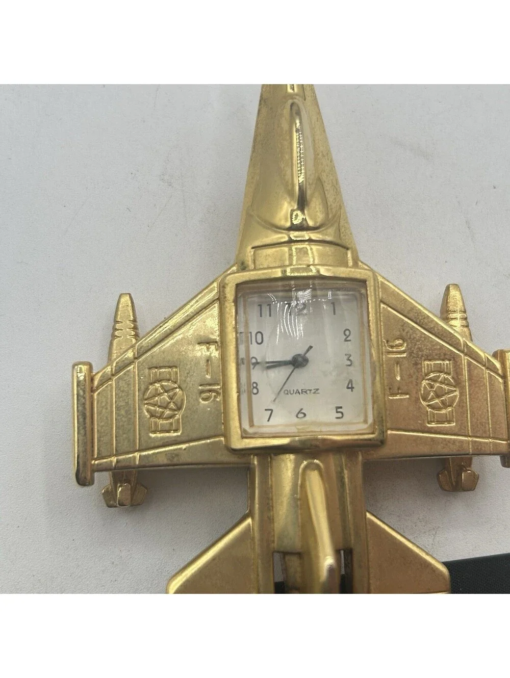 RARE - F-16 US ARMY AIR FORCE JET PLANE GOLD TONE TABLE CLOCK